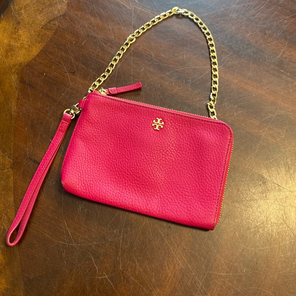 Tory Burch Hot Pink Pebbled Leather Wristlet with Gold Chain